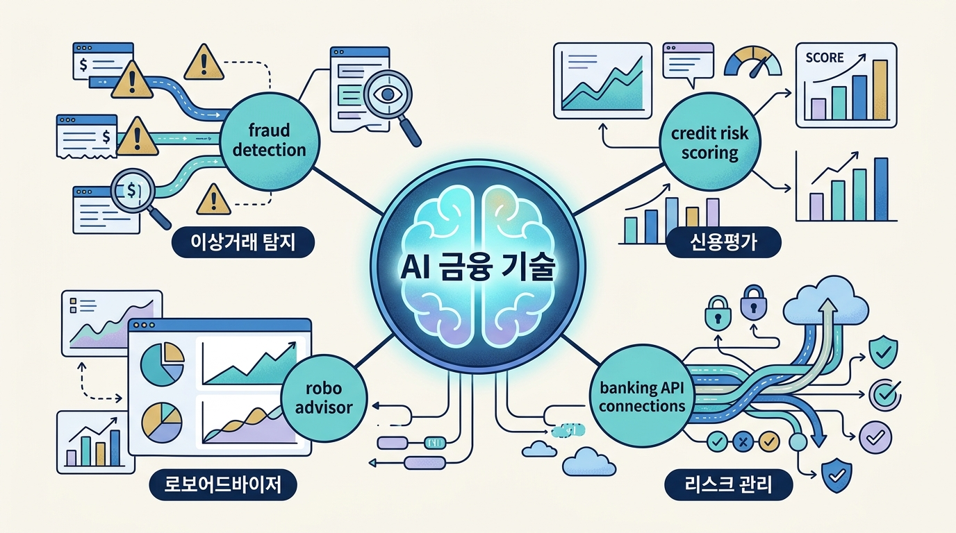 AI 금융 기술이 이상거래 탐지, 신용평가, 로보어드바이저, 리스크 관리에 쓰이는 흐름도